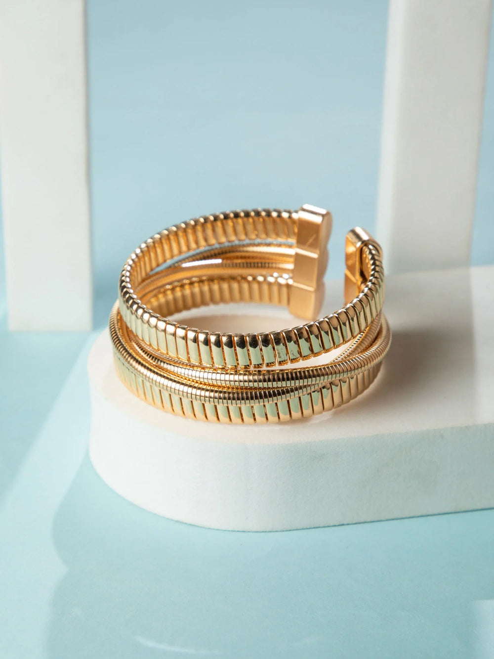 Statement Ribbed Golden Cuff Bracelet | Chunky Layered Design