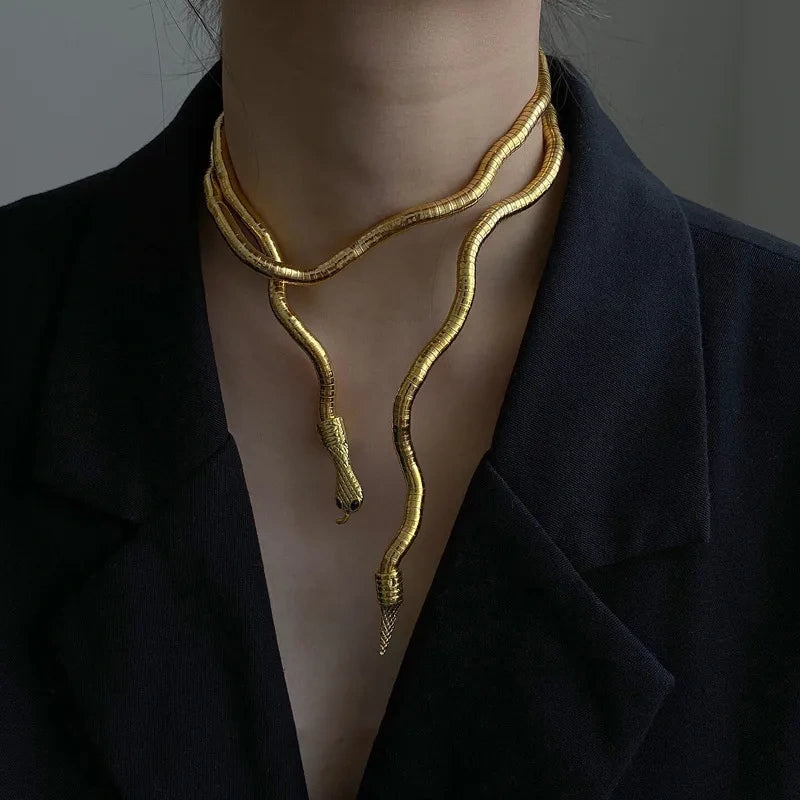 Flexible Gold Snake Choker Necklace & Wrap Bracelet - Statement Jewelry