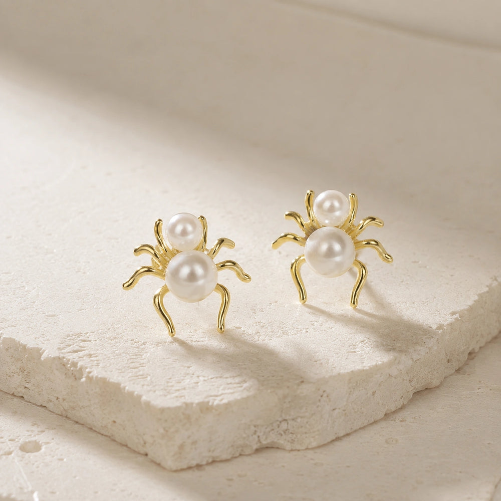 Pearl Spider Stud Earrings -  Quirky Jewelry