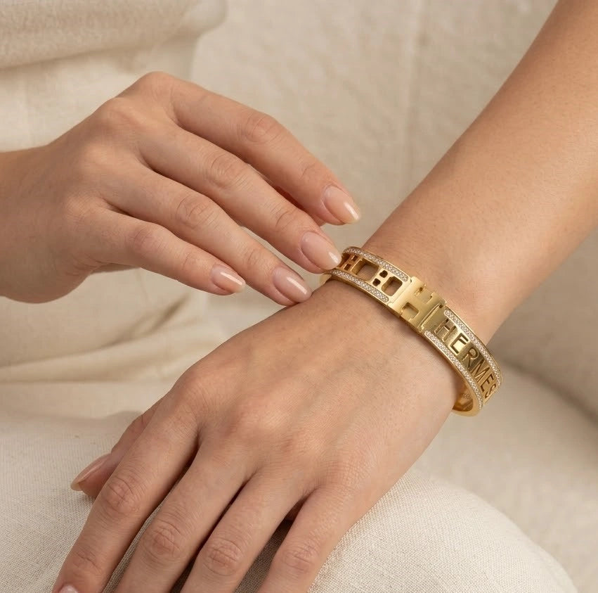 Designer Inspired H-Cutout Studded Anti-Tarnish Gold Plated Bracelet | Moncheri Jewels
