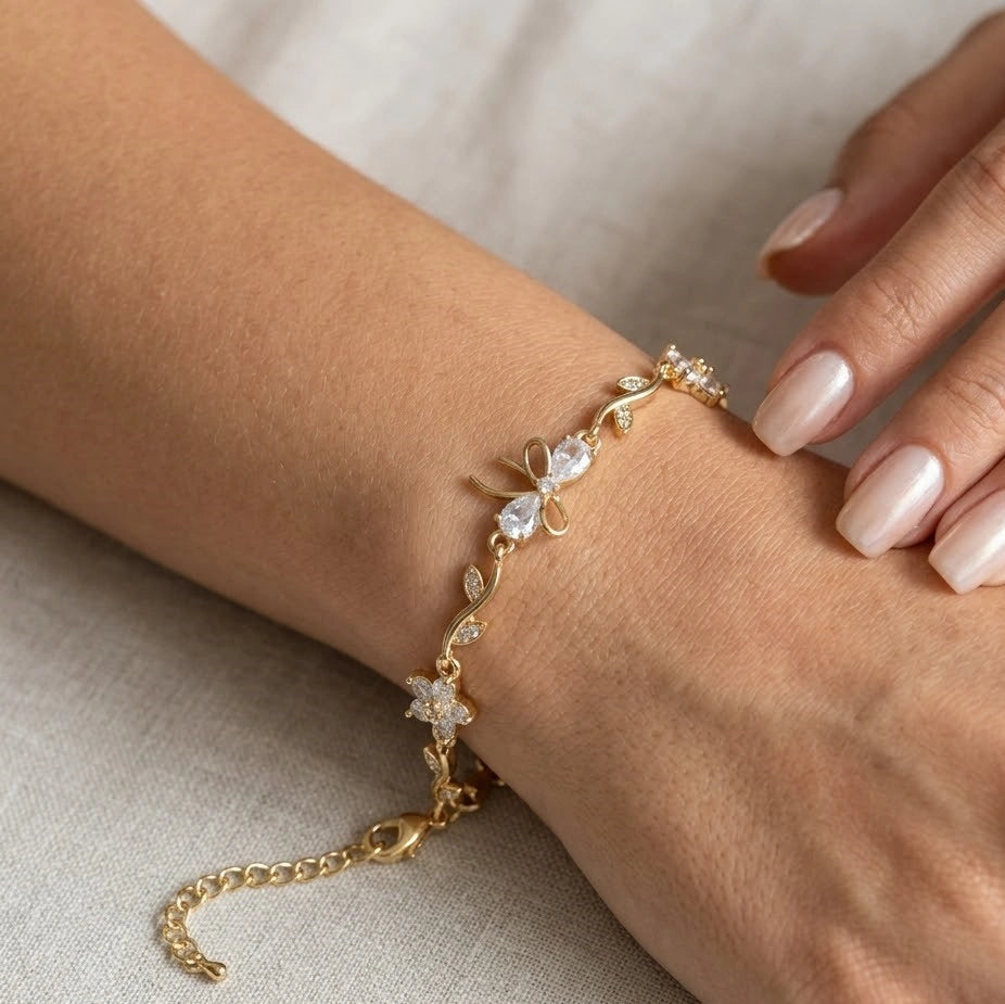 Crystal Bow & Vine Anti-Tarnish Gold-Plated Bracelet | Dainty Women's Jewelry-Tulip