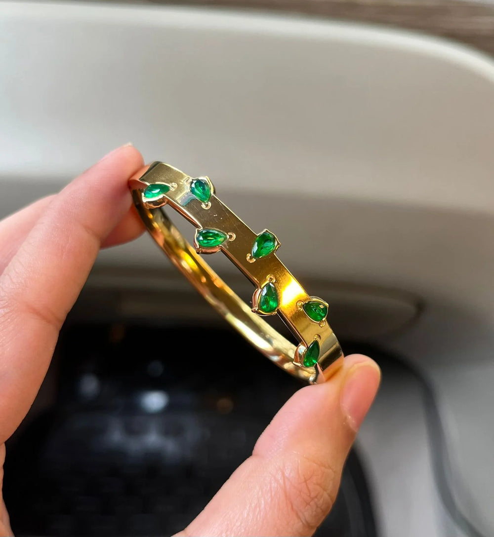 Emerald Green Teardrop Stone Bangle - Anti Tarnish Gold-Plated Bracelet