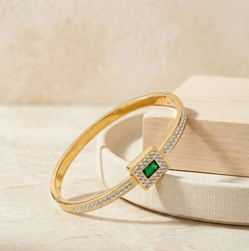 Emerald Green Square Halo Cuff - Anti-Tarnish Gold Plated Bracelet