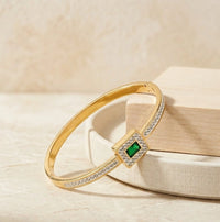 Emerald Green Square Halo Cuff - Anti-Tarnish Gold Plated Bracelet