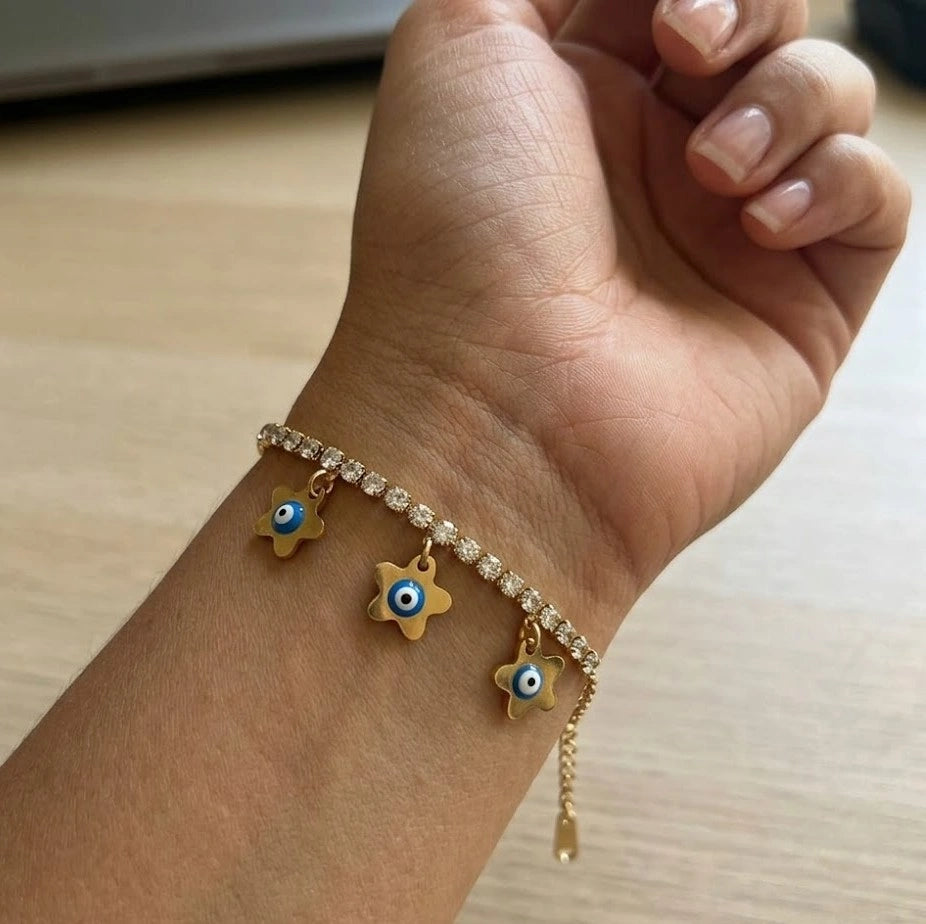 Triple Flower Evil Eye Charm Bracelet with Zirconia - Anti Tarnish