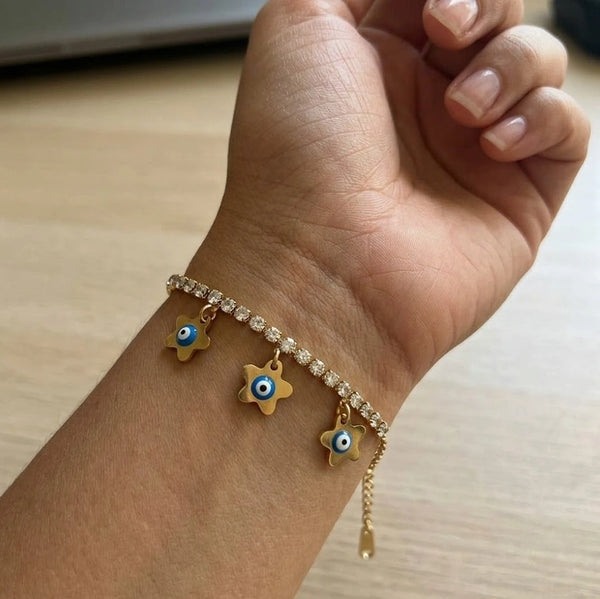 Anti Tarnish Evil Eye Bracelet Elegantly Held In Hand