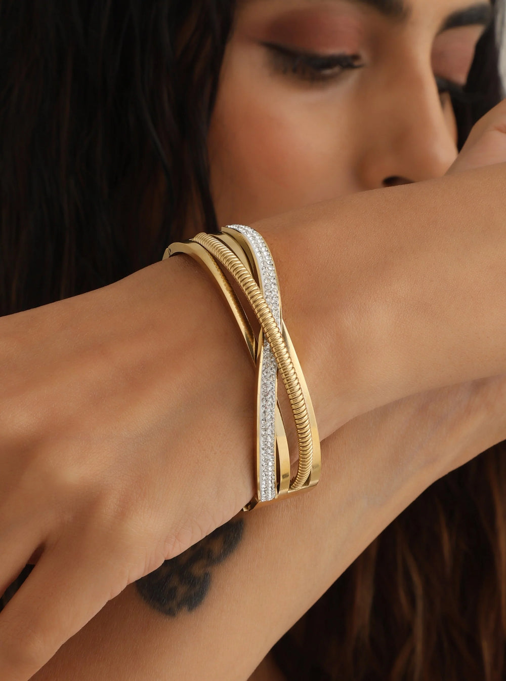Crystal Crossover & Twisted Rope Gold Plated Bangle | Anti-Tarnish Korean Style Bracelet
