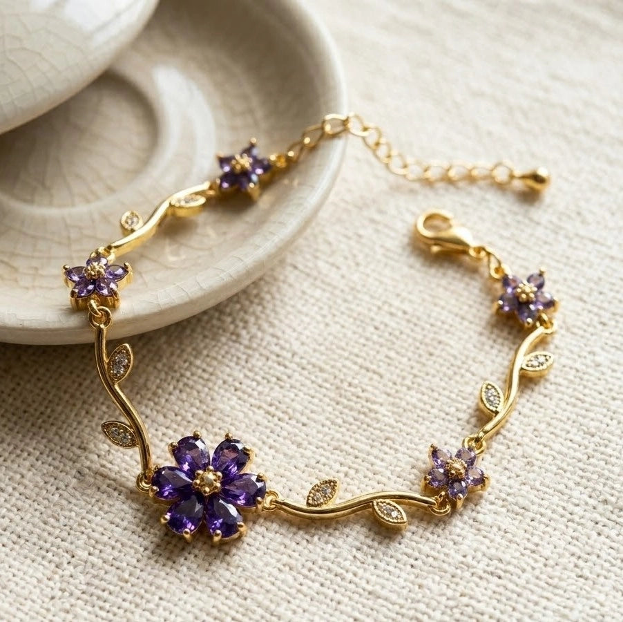 Purple Floral Anti-Tarnish Gold Plated Bracelet | Dainty Vine Design