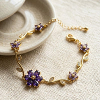 Purple Floral Anti-Tarnish Gold Plated Bracelet | Dainty Vine Design