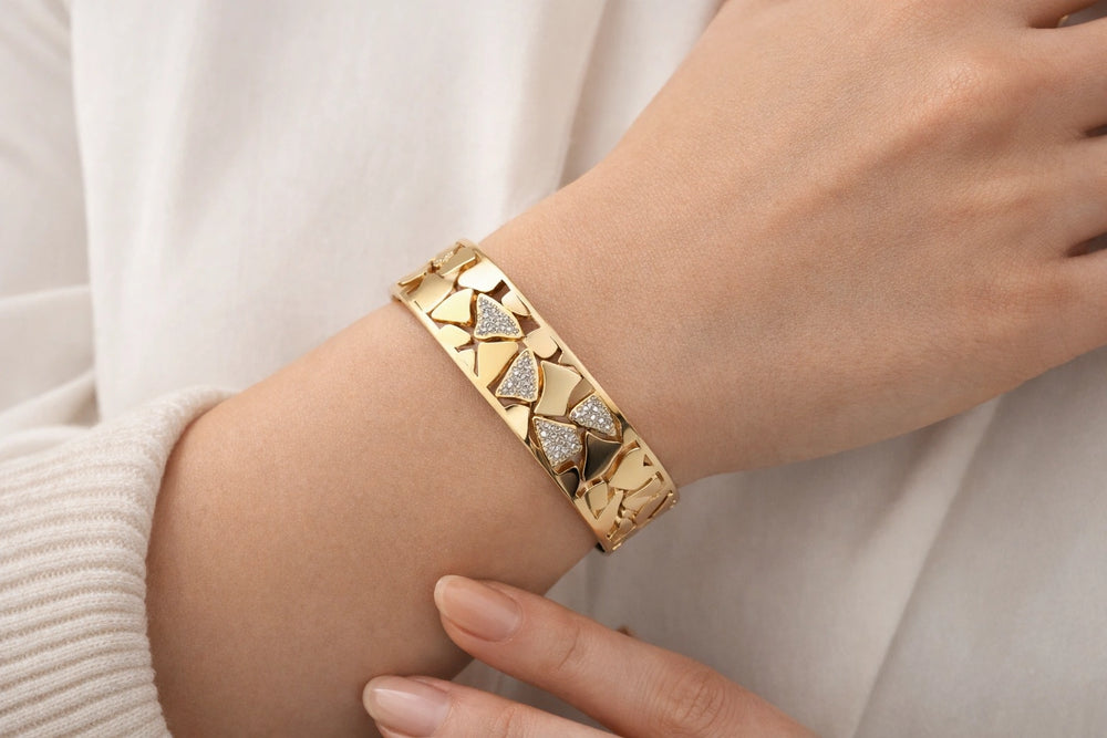 Geometric AD Studded Gold Plated Bangle - Anti Tarnish