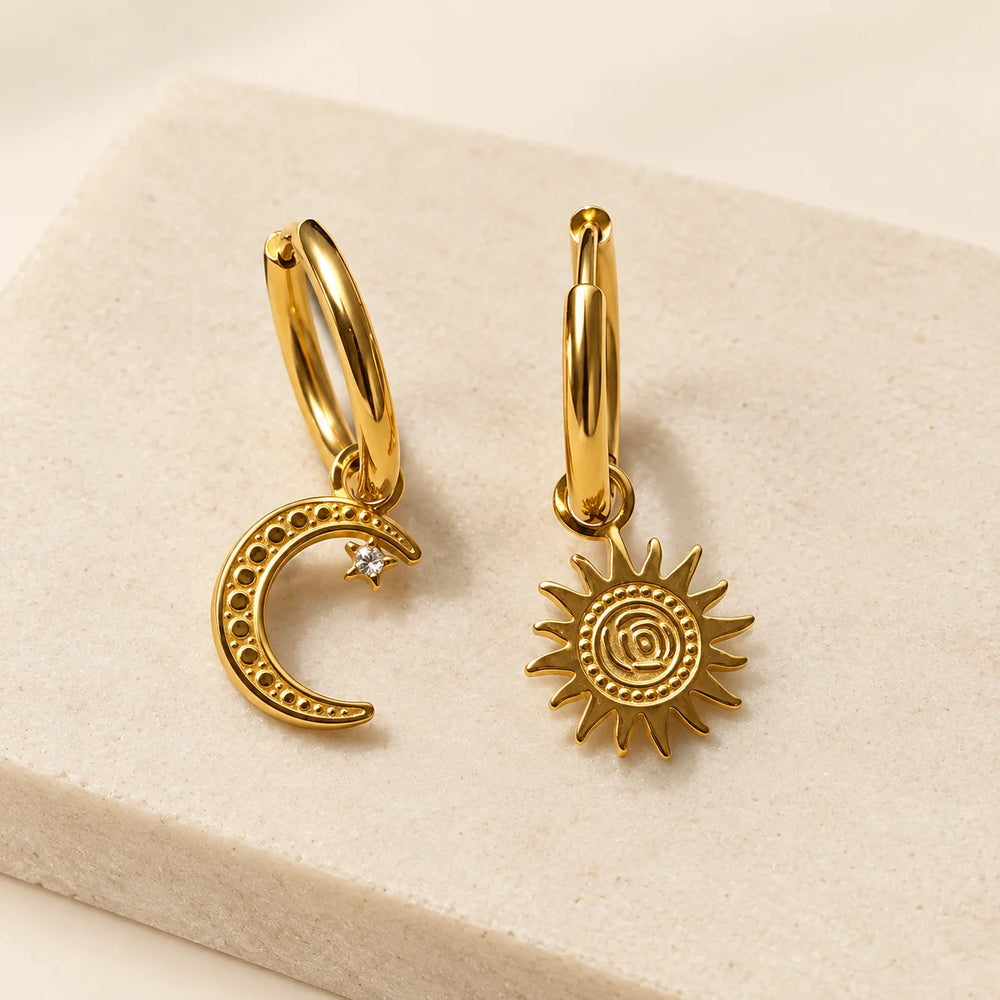 Sun & Moon Asymmetrical Charm Hoops - Anti-Tarnish Gold Plated Earrings