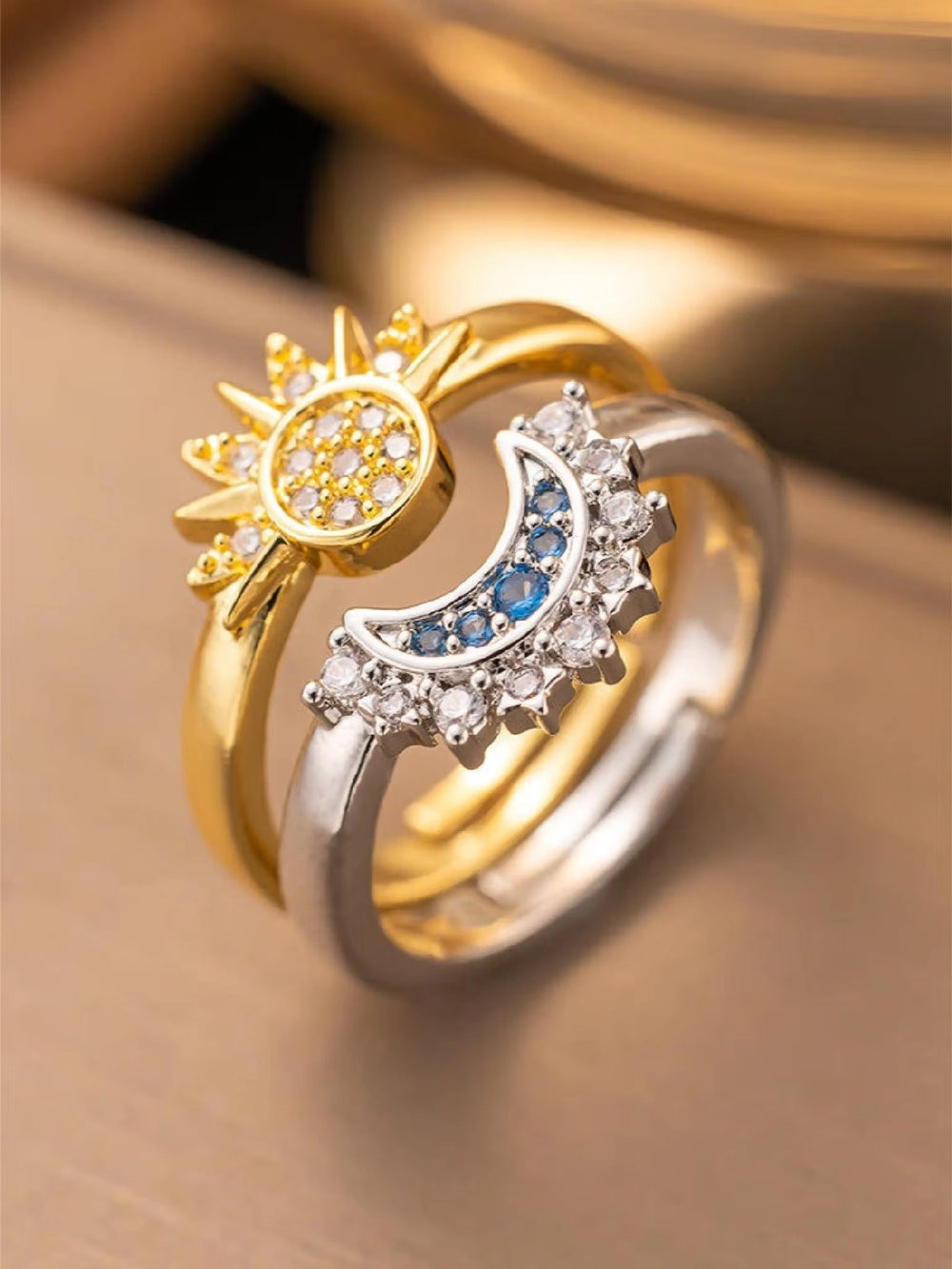 Sun & Moon Celestial Stackable Ring Set | Dual-Tone Fashion Jewelry