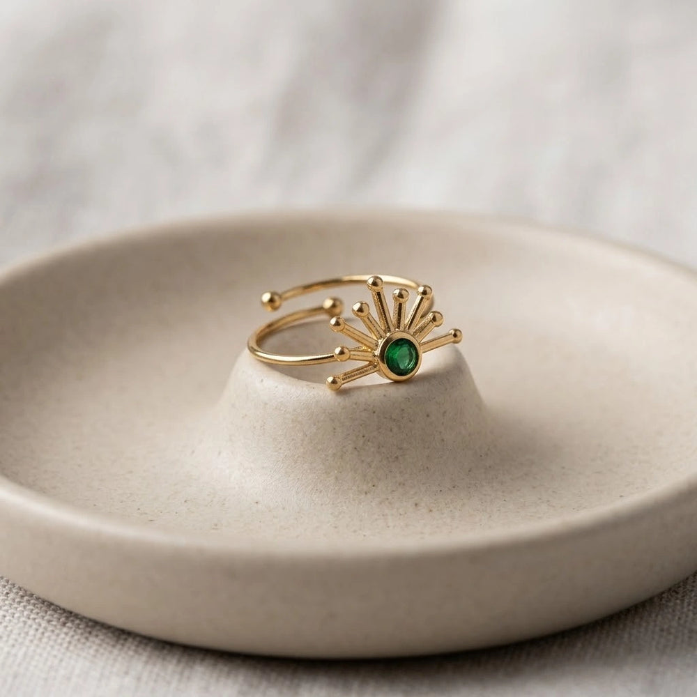 Sunburst Green Stone Adjustable Ring - Anti Tarnish Gold Plated