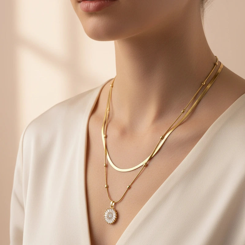 Sunburst Crystal Pendant Double Layered Necklace - Anti Tarnish Gold Plated