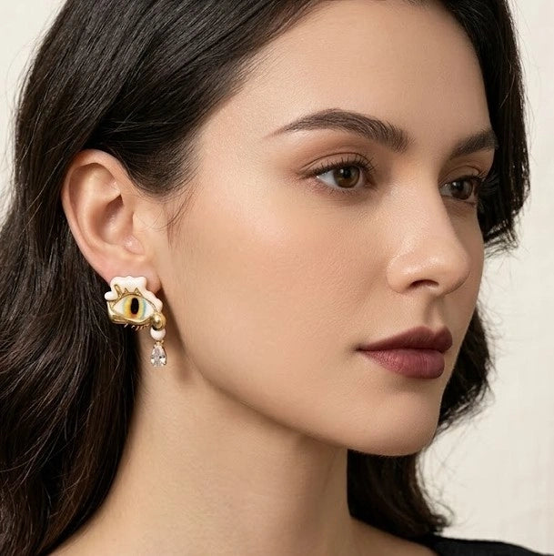 Surreal Evil Eye Statement Earrings with Crystal Teardrop