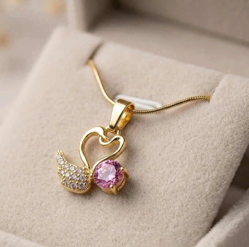 Pink Stone Swan Pendant Necklace | Anti-Tarnish Gold Plated | Moncheri Jewels