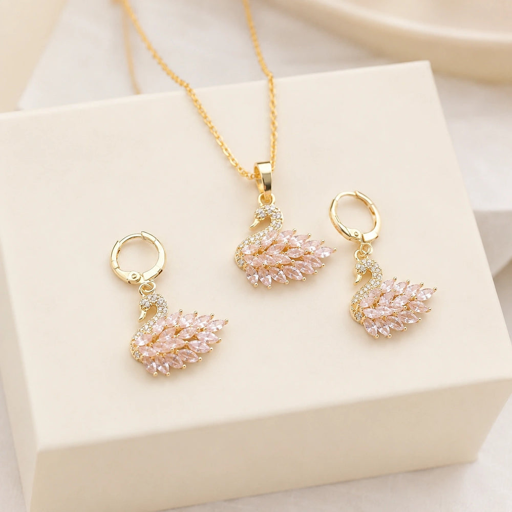 Pink Crystal Swan Necklace & Earring Set - Anti-Tarnish Gold Plated Combo