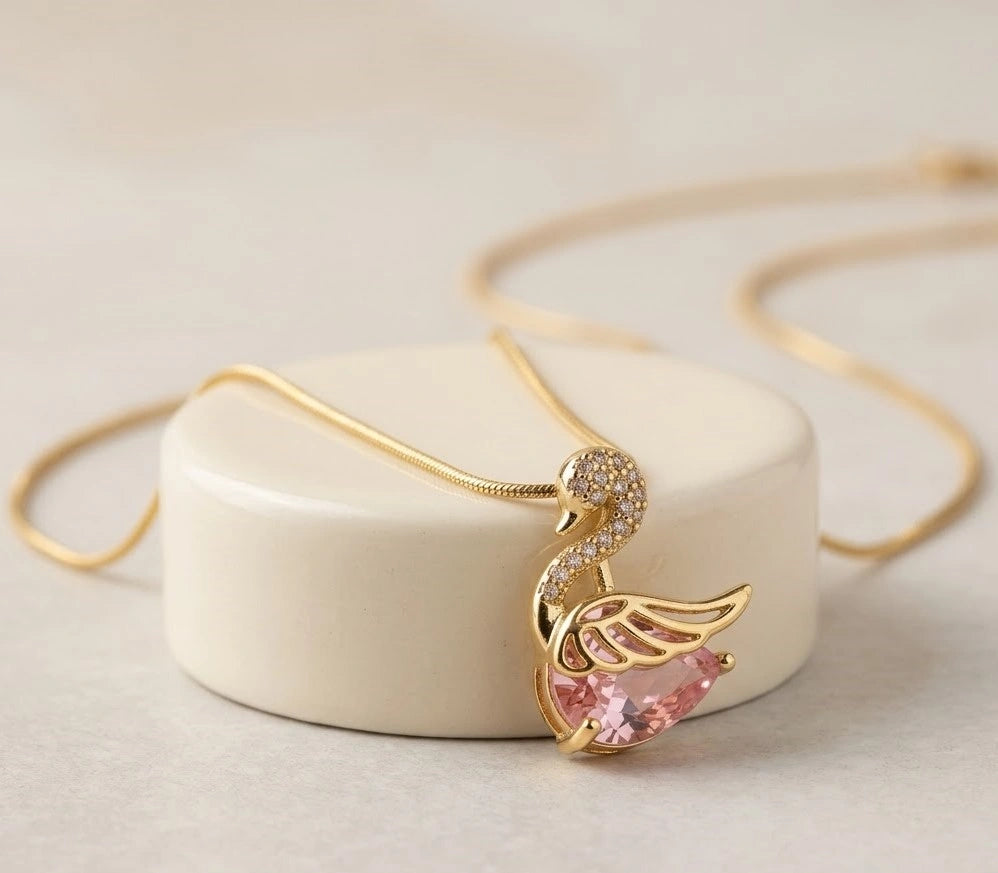 Pink Crystal Swan Pendant Necklace | Anti-Tarnish Gold Plated