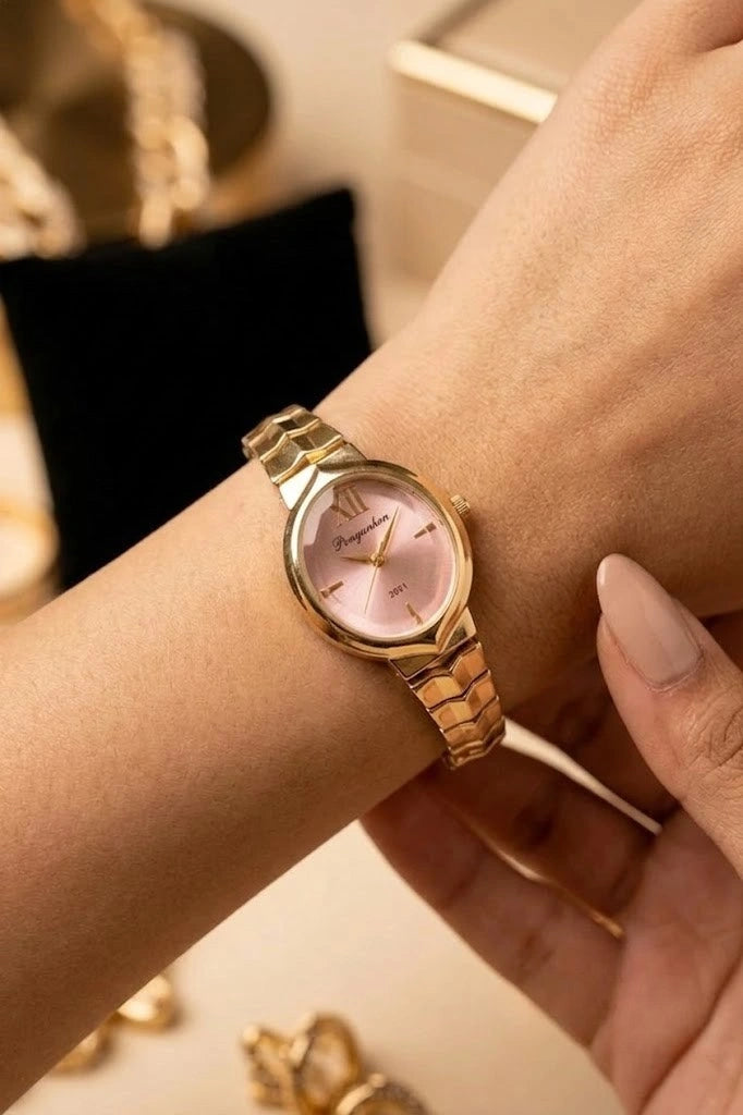 Elegant Pink Dial Anti-Tarnish Gold Plated Watch for Women