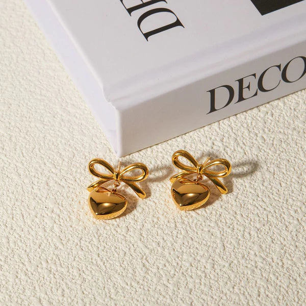 Gold Plated Ribbon Bow & Heart Earrings | Anti-Tarnish Korean Style Drop Studs