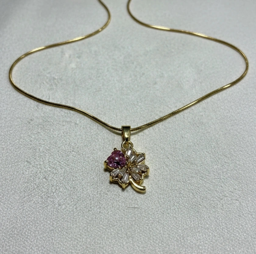 Pink Heart Clover Pendant Necklace | Anti-Tarnish Gold Plated Jewelry