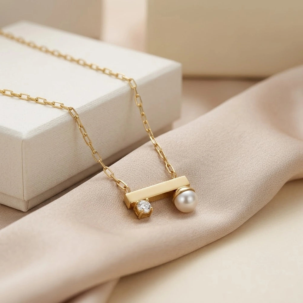 Minimalist Pearl & Crystal Bar Necklace | Anti Tarnish Gold Plated