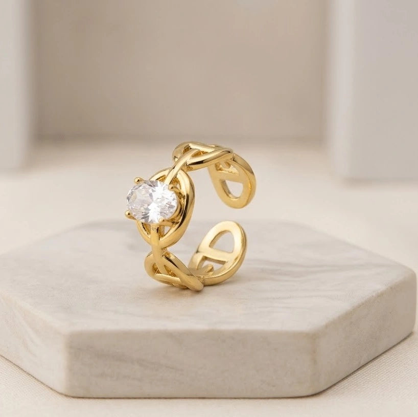 Adjustable Chain Link Ring with Oval Zircon - Anti-Tarnish Gold Plated