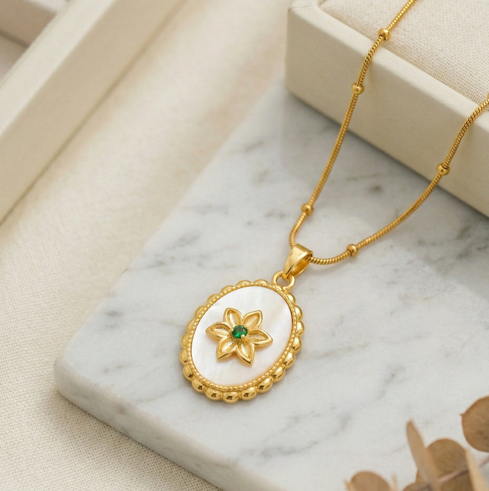 Anti Tarnish Floral White Oval Pendant Necklace - Premium Gold Plated
