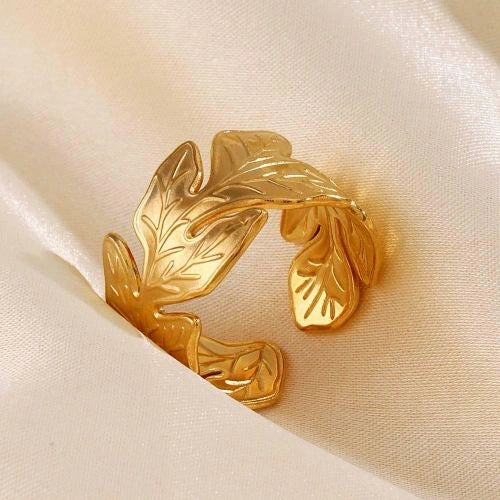 Anti-Tarnish Gold Plated Leaf Cuff Bracelet - Adjustable Botanical Design