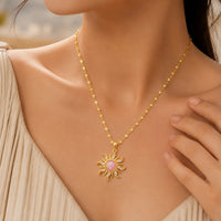 Anti Tarnish Gold Plated Sunburst Necklace with Pink Stone