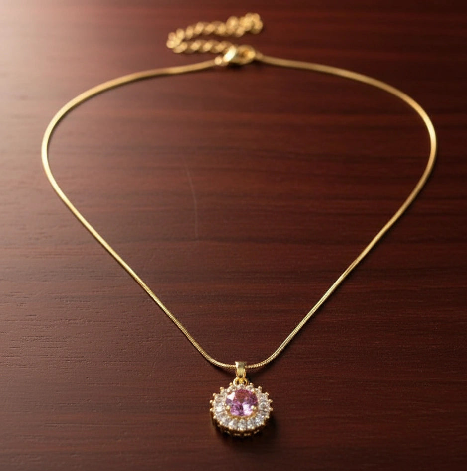 Pink Halo Pendant Necklace - Anti-Tarnish Gold Plated