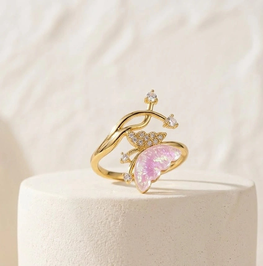 Anti-Tarnish Gold-Plated Butterfly Ring with Pink Opal Stone for Women