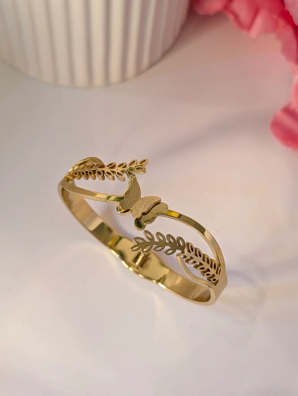 Anti-Tarnish Gold-Plated Butterfly & Leaf Cuff Bracelet for Women