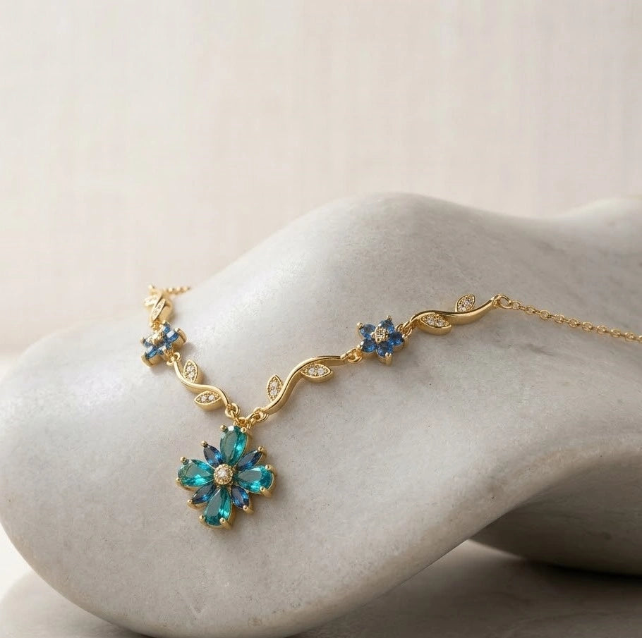 Blue Crystal Floral Vine Anti Tarnish Gold Plated Necklace-Tulip