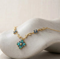 Blue Crystal Floral Vine Anti Tarnish Gold Plated Necklace-Tulip