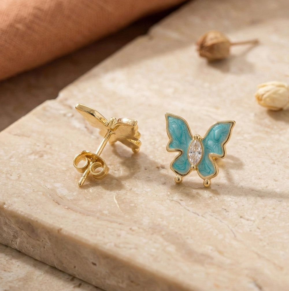 Teal Enamel Butterfly Stud Earrings | High-Quality Fashion Jewelry