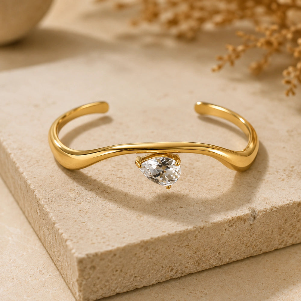 Teardrop Crystal Wavy Cuff Bracelet - Anti Tarnish Gold Plated