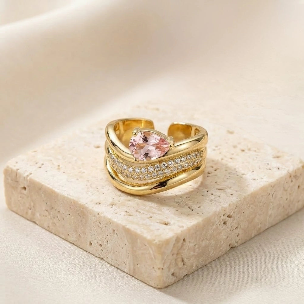 Teardrop Pink Stone Layered Ring | Anti-Tarnish Gold Plated