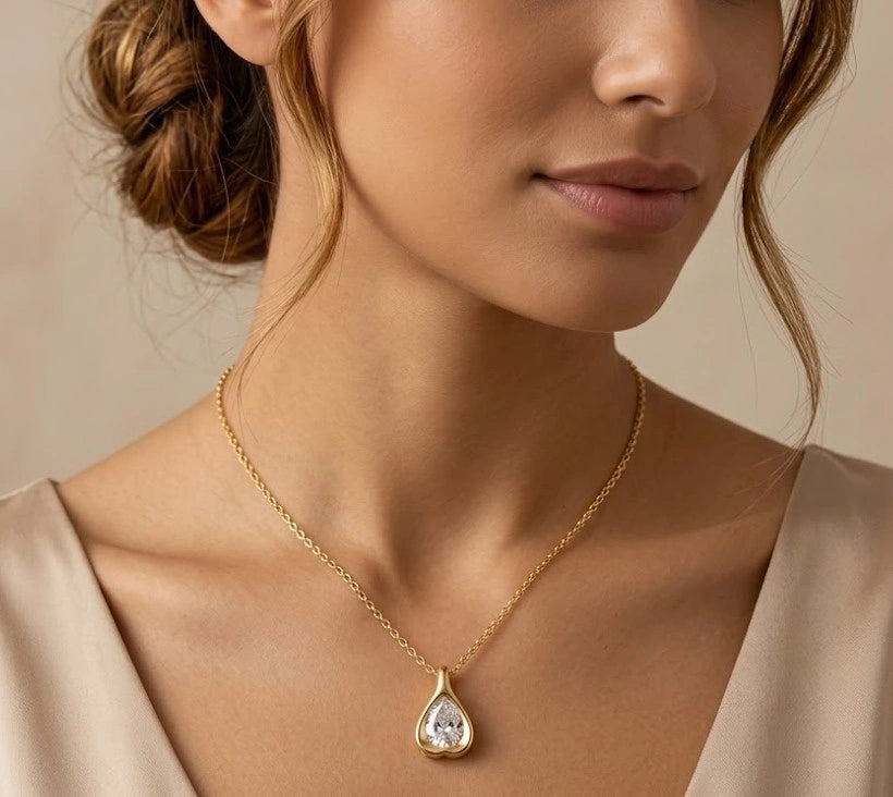 Teardrop Solitaire Pendant Necklace | Anti-Tarnish Gold Plated Dainty Chain