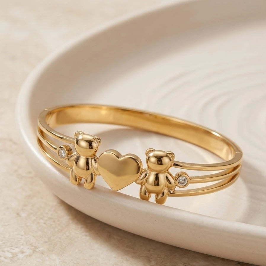 Teddy Bear Heart Cuff Bracelet - Anti Tarnish Gold Plated