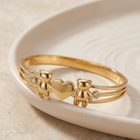 Teddy Bear Heart Cuff Bracelet - Anti Tarnish Gold Plated