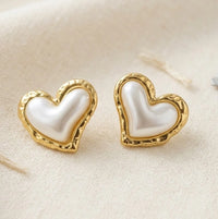 Pearl Heart Stud Earrings with Vintage Textured Border