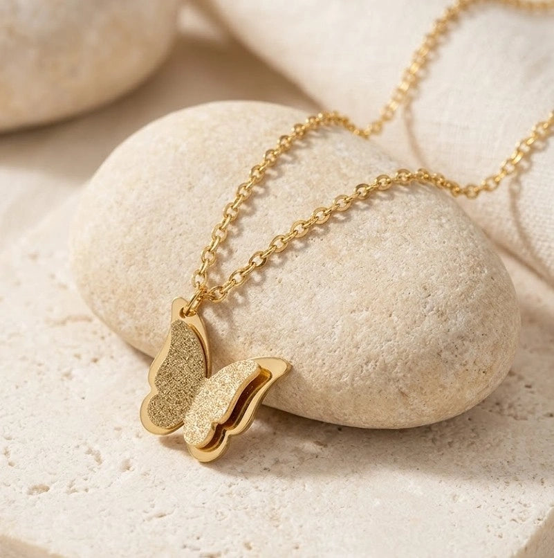 Textured Butterfly Pendant Necklace - Anti Tarnish Fashion Jewelry