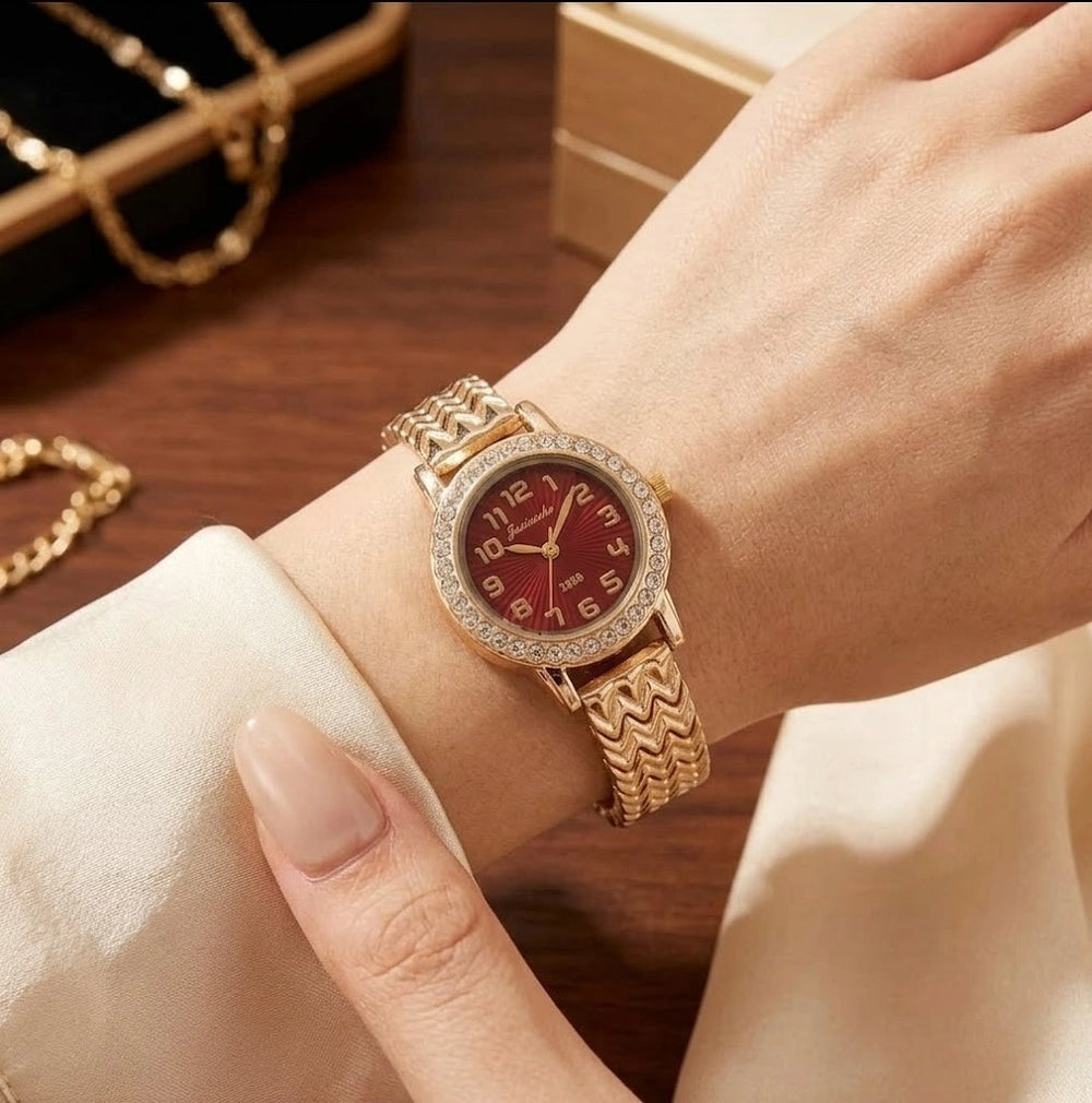 Premium Stone-Studded Dial Watch - Anti-Tarnish Gold Plated Elegance