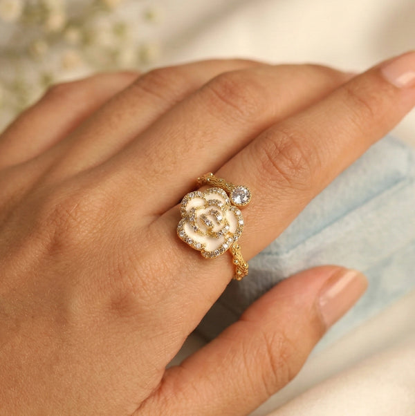 White Floral Gold Statement Ring | Premium Fashion Jewelry for Women