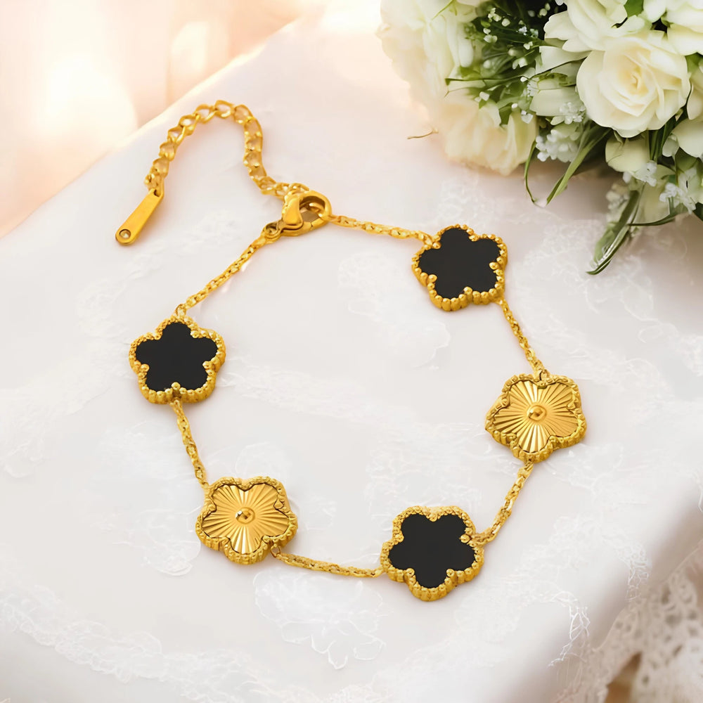 2-Piece Black Clover & Textured Bangle Stack | Anti-Tarnish Gold Plated