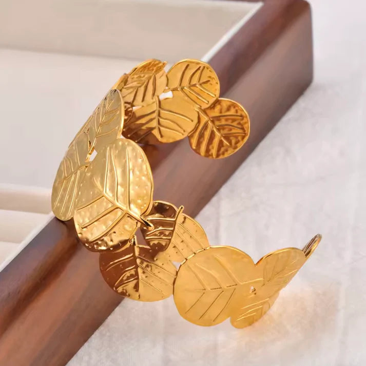 Textured Gold Leaf Cuff Bracelet | Anti-Tarnish Statement Bangle for Women