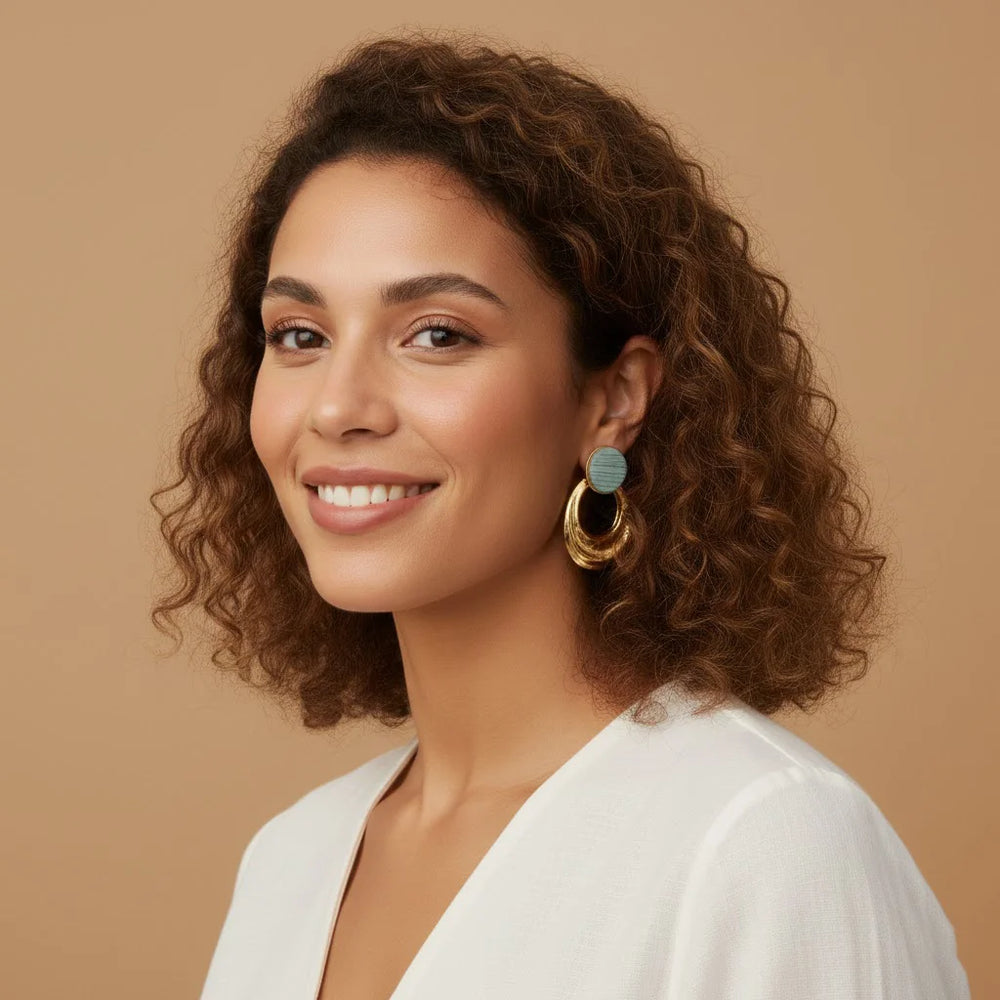 Teal Striped Geometric Drop Earrings – Korean Style Gold Tone Fashion Jewelry