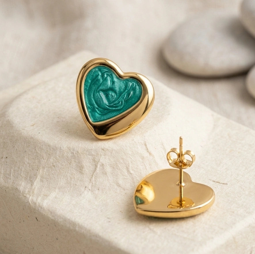 Emerald Green Enamel Heart Stud Earrings | Gold Tone Fashion Jewelry