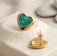 Emerald Green Enamel Heart Stud Earrings | Gold Tone Fashion Jewelry